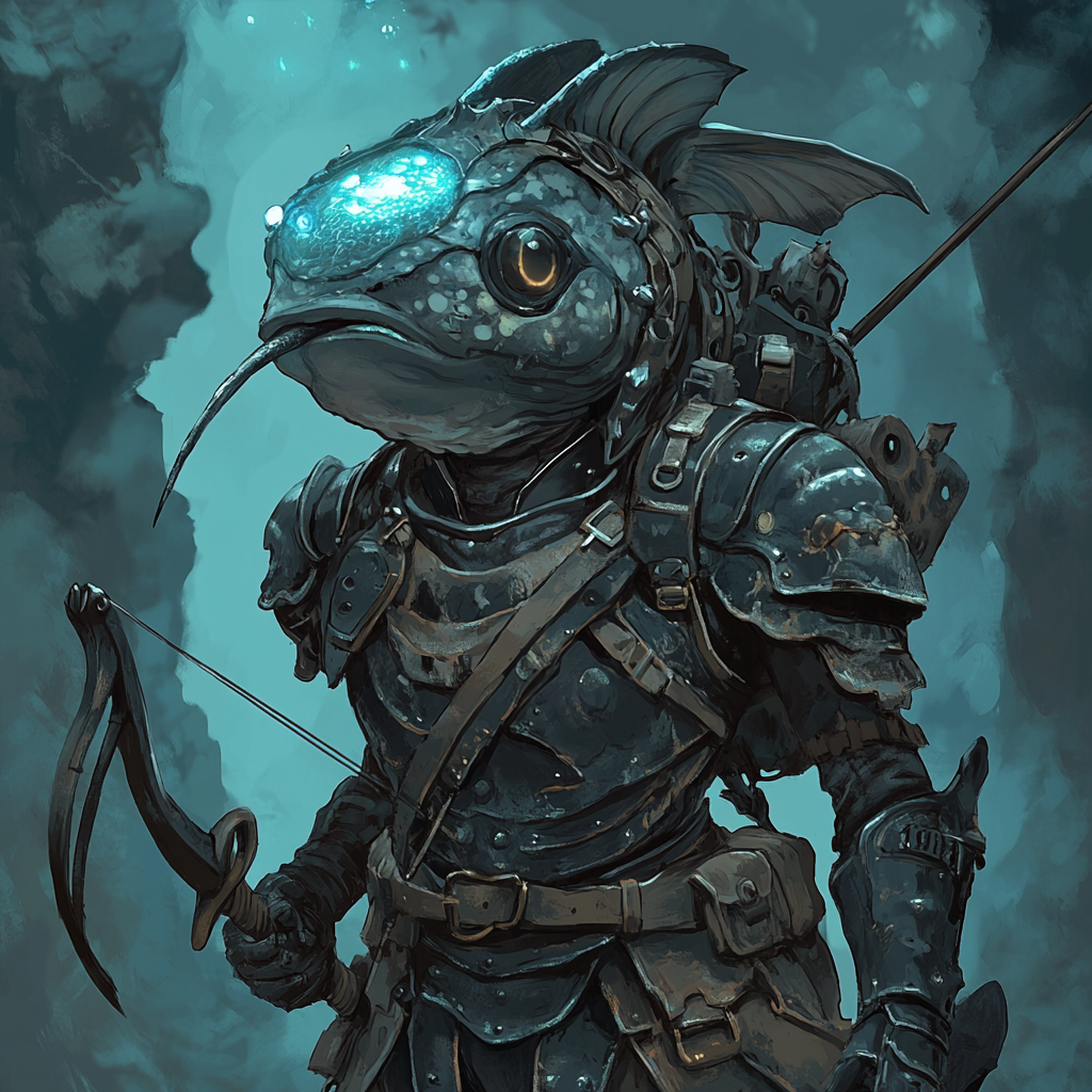 Humanoid anglerfish warrior with bioluminescent lure and crossbow