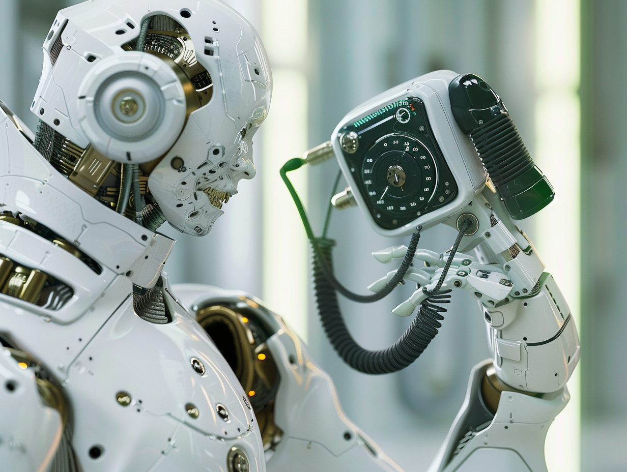 Humanoid robot dialing vintage telephone in futuristic setting.