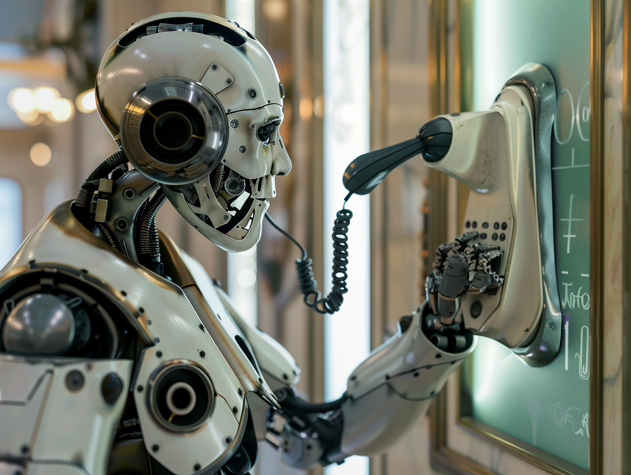 Humanoid robot using vintage telephone in futuristic setting.