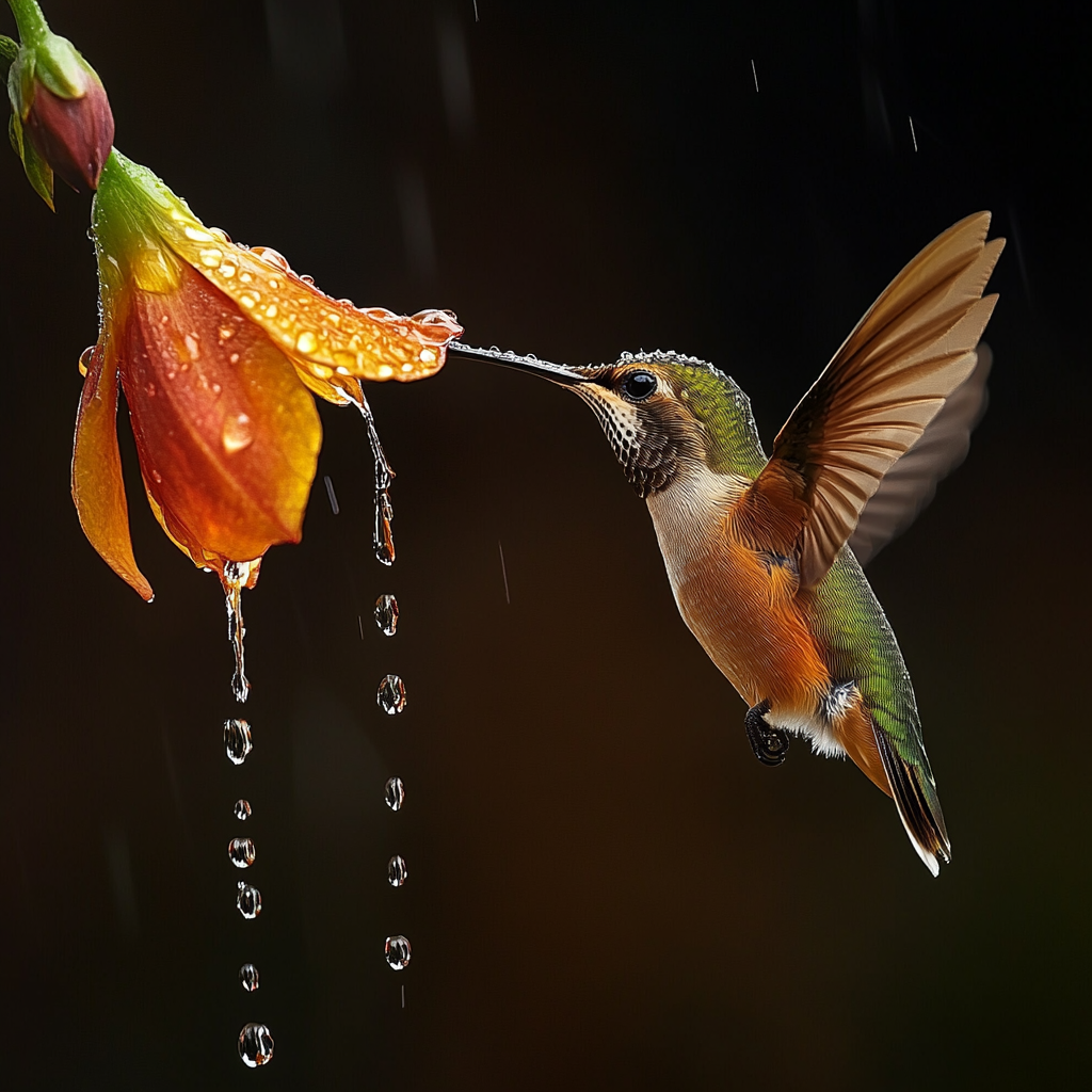 Hummingbird drinks water from flower puddle after rain.