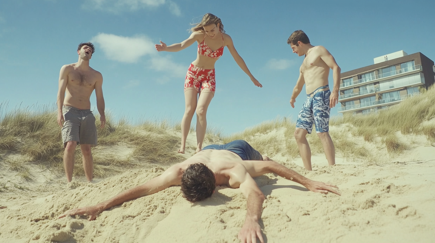 Humorous beach scene with people in swimsuits playing.