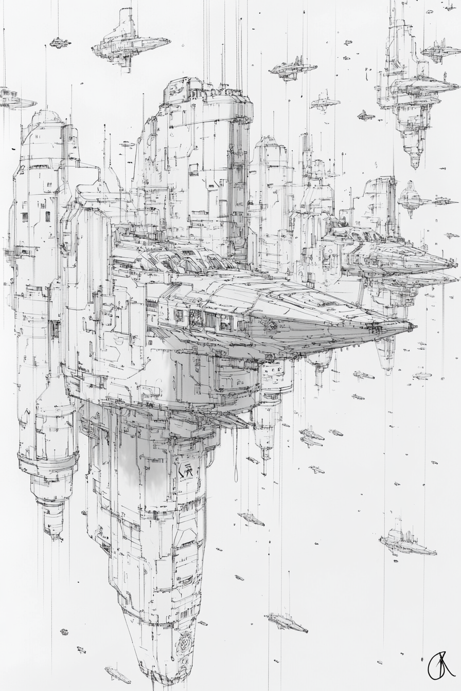 Hundreds of war spacecrafts in rough sketch drawing.