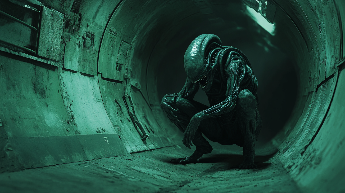 Hungry alien xenomorph crouching in dark spaceship tunnel.