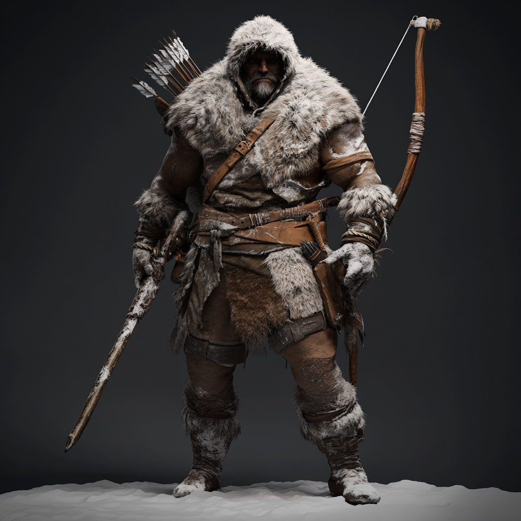 Hunter in fur clothing with weapons in frozen tundra.