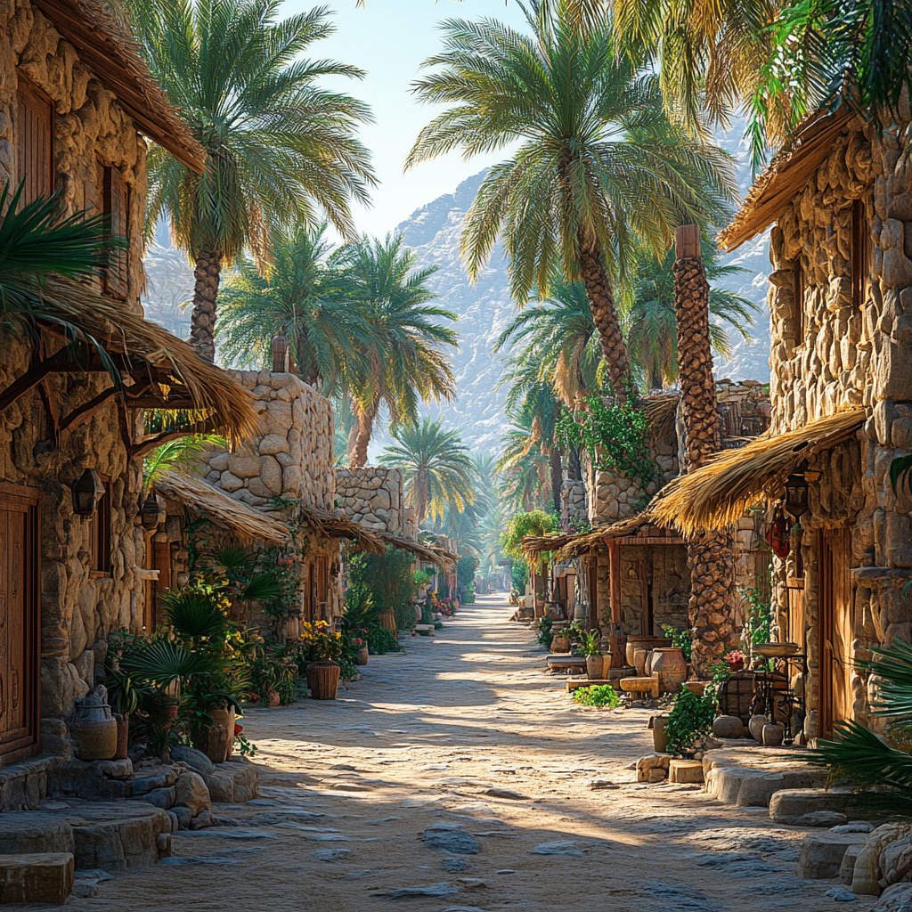 Hut in stone street with palm trees, daylight sun.