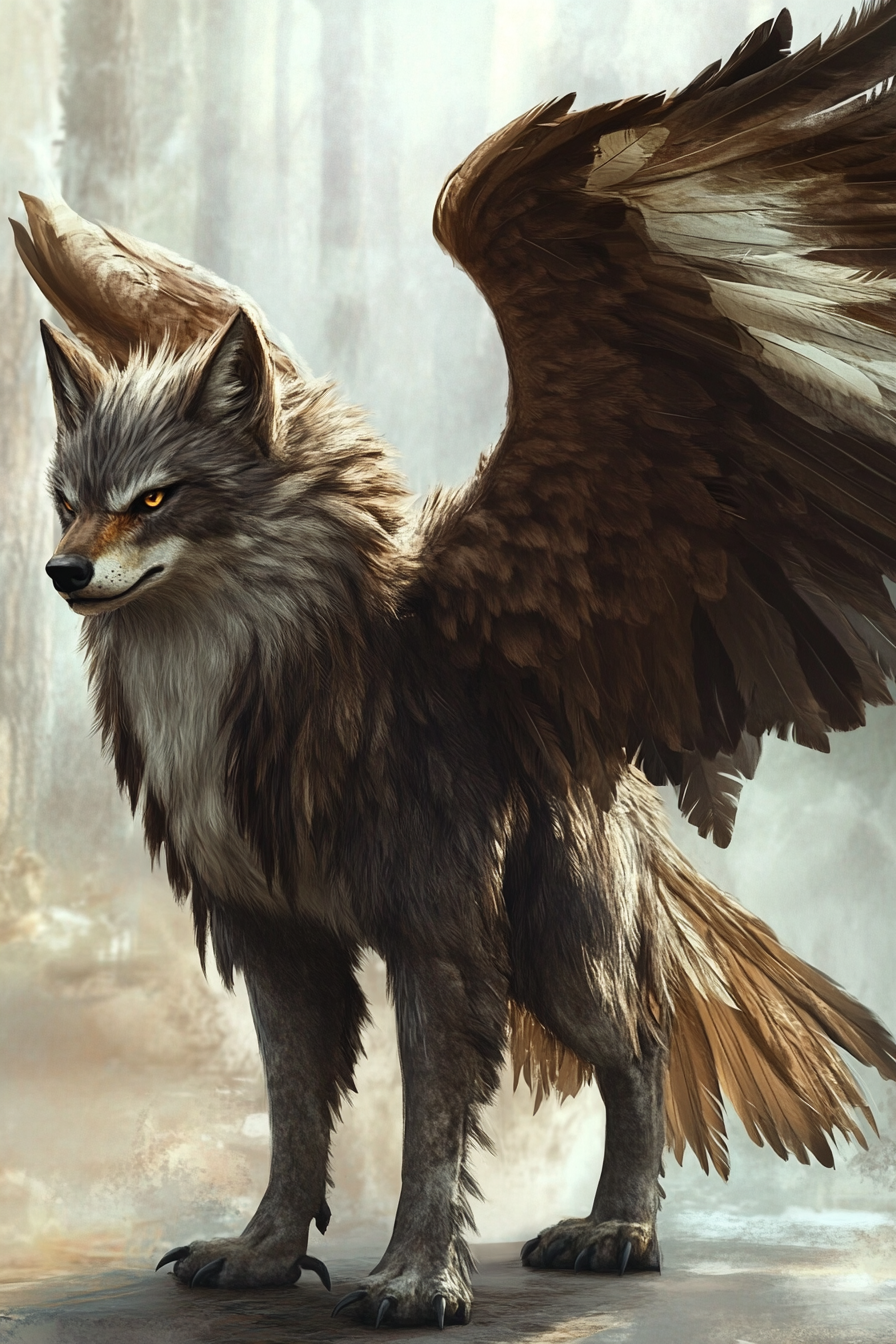 Hybrid creature with wolf body, eagle wings. Sky graceful.