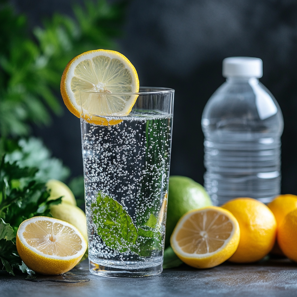 Hydrating glass of water with lemon slice and droplets.