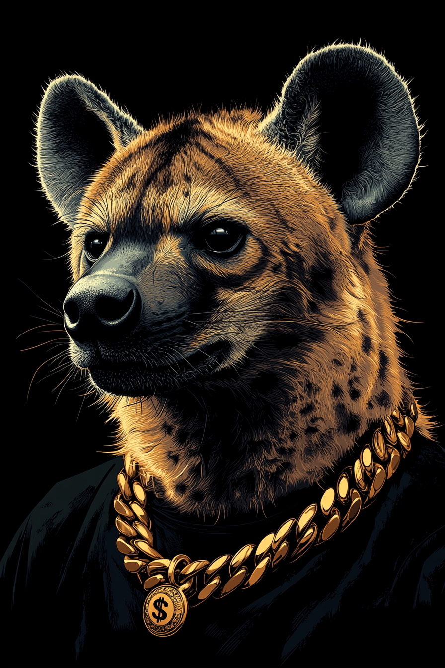 Hyena wearing gold chain in black background