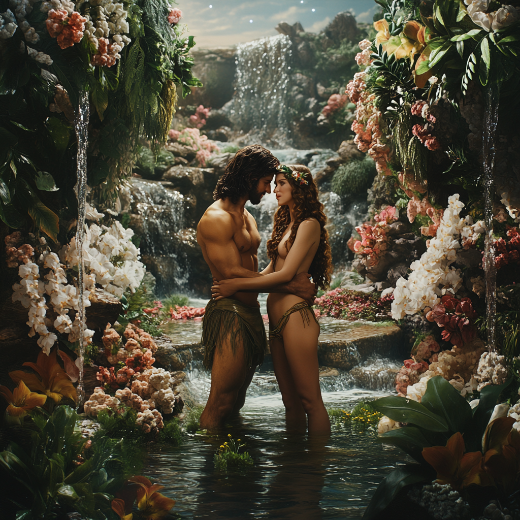 Hyper-Realistic 18K Cinematic Sony Quality Picture of Adam and Eve in Biblical Paradise