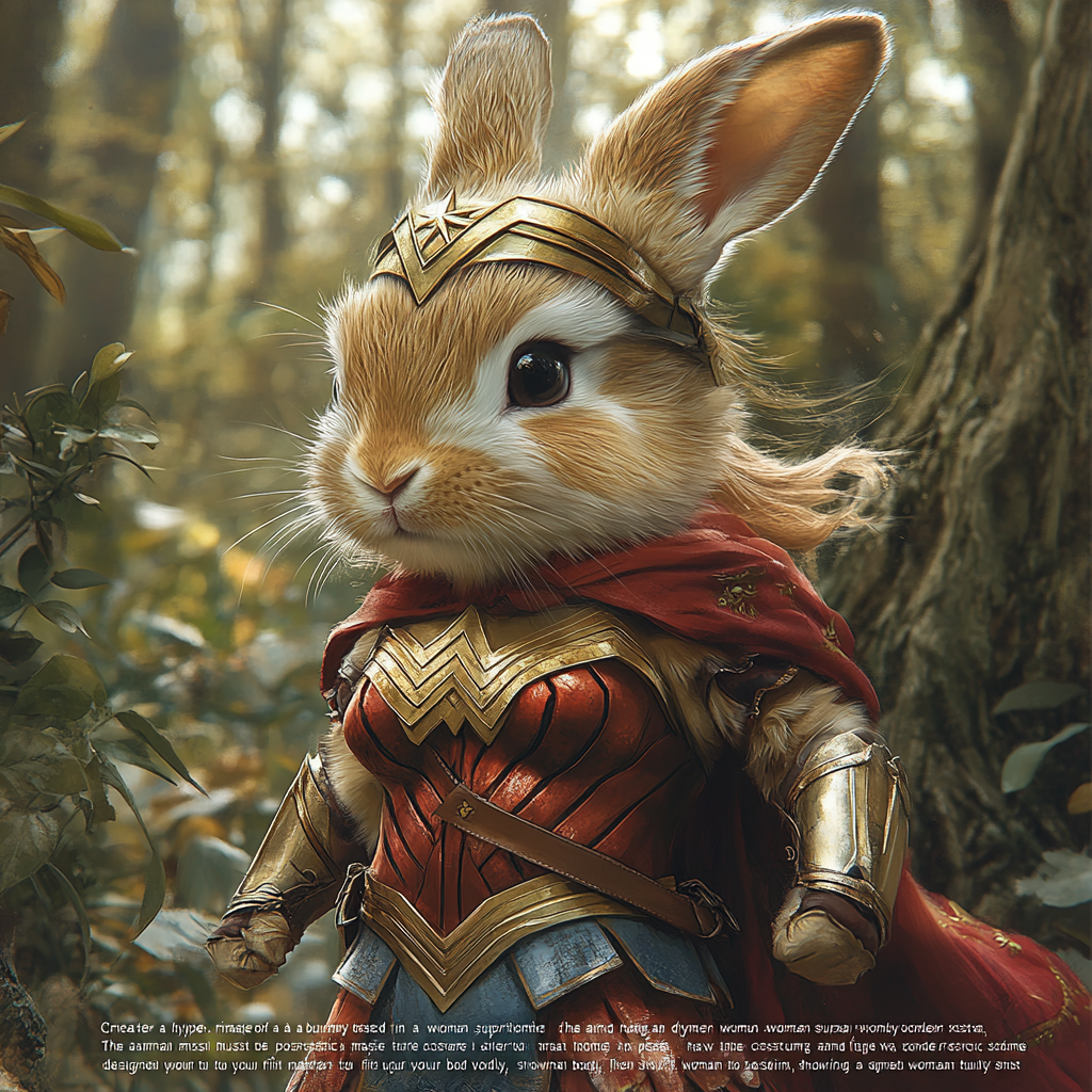 Hyper-Realistic Bunny Wonder Woman Superhero Portrait in Nature