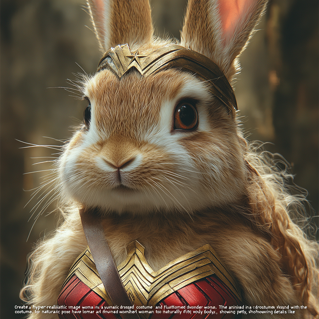 Hyper-Realistic Bunny in Wonder Woman Costume Superhero Pose