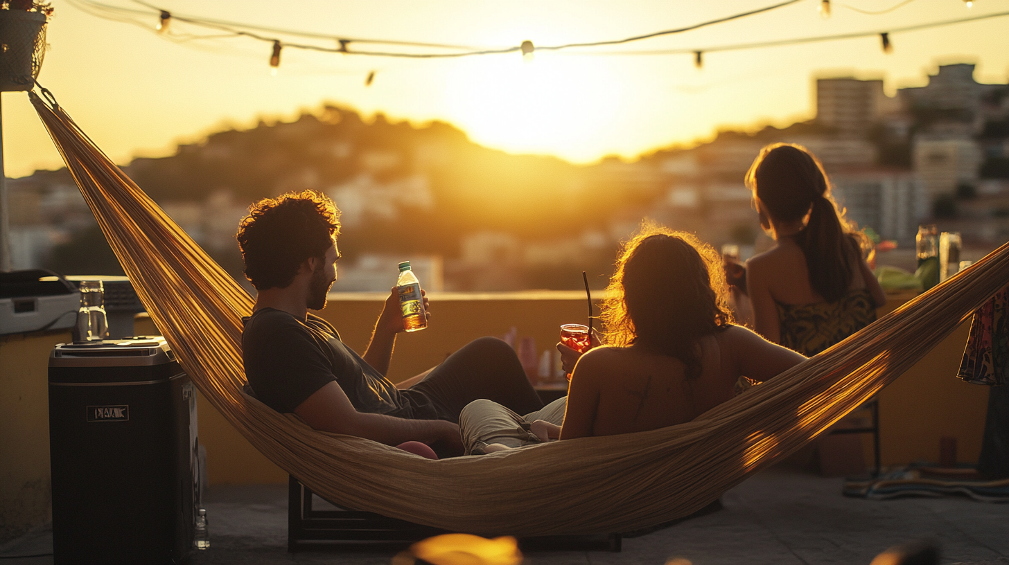 Hyper Realistic Sunset Rooftop Scene, Friends Relaxing