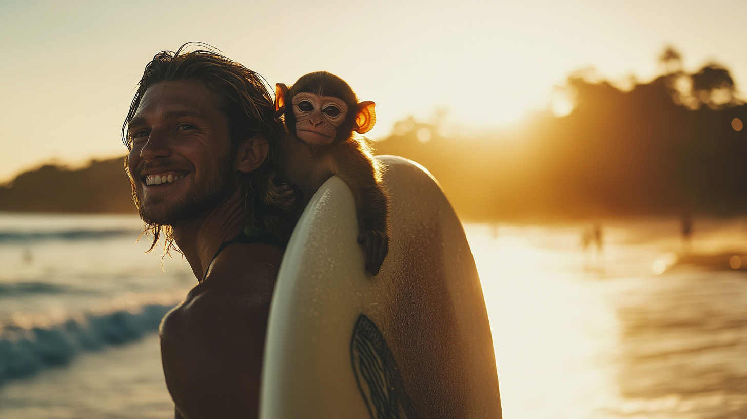 Hyper Realistic Surfer with Happy Monkey at Sunset