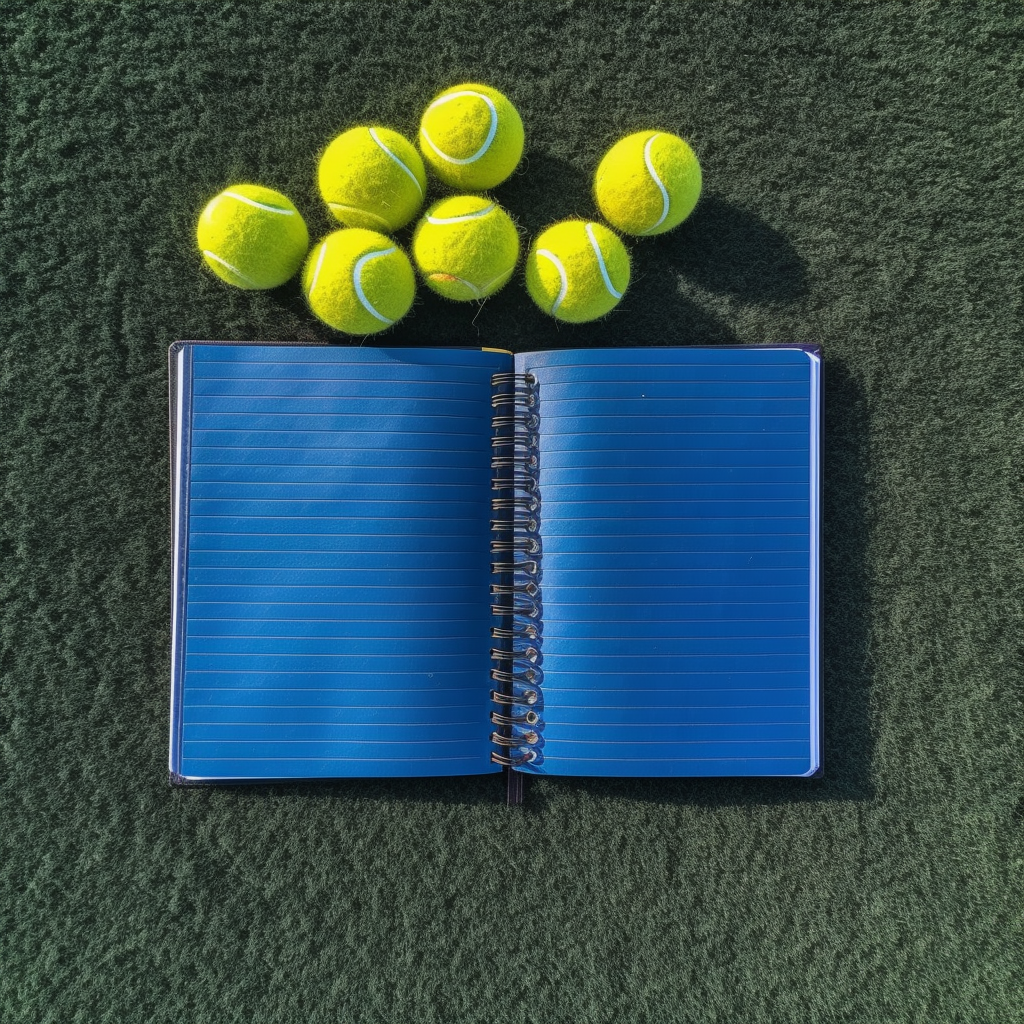 Hyper Realistic Tennis Balls and Notebook on Blue Padel Court