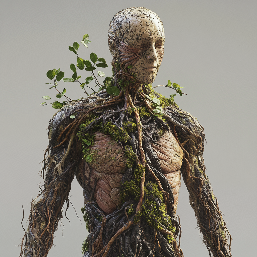 Hyper-realistic 3D image merging human anatomy with plants.