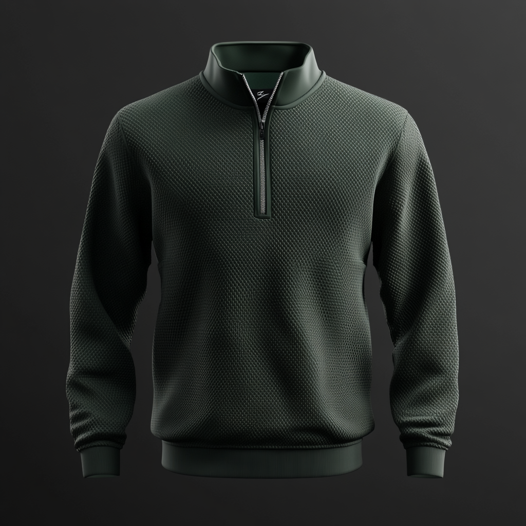 Hyper realistic 3D image of unique dark green quarter zip jacket inspired by Tiger Woods