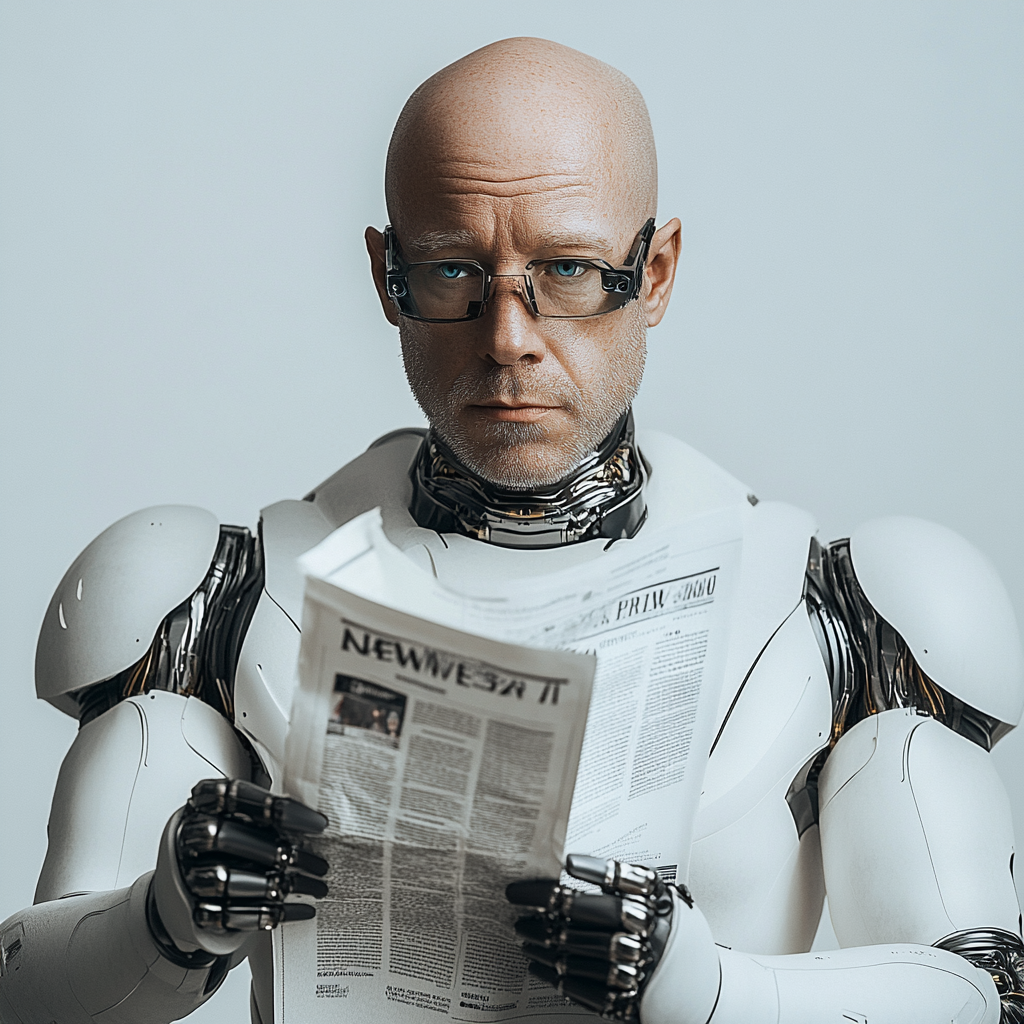 Hyper realistic AI robot delivering newspaper to Swedish man