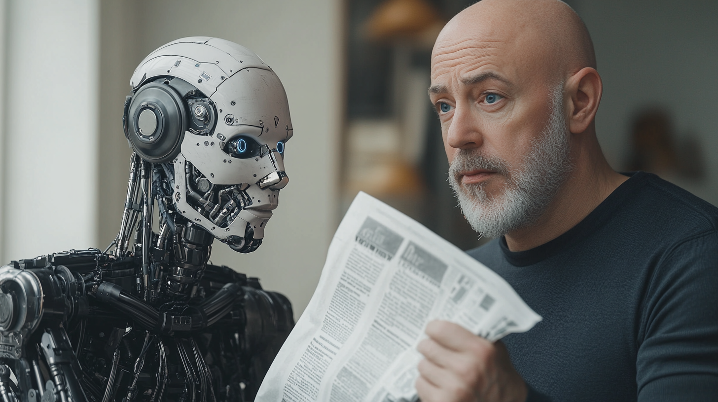 Hyper realistic AI robot giving newspaper to bald Swedish man.