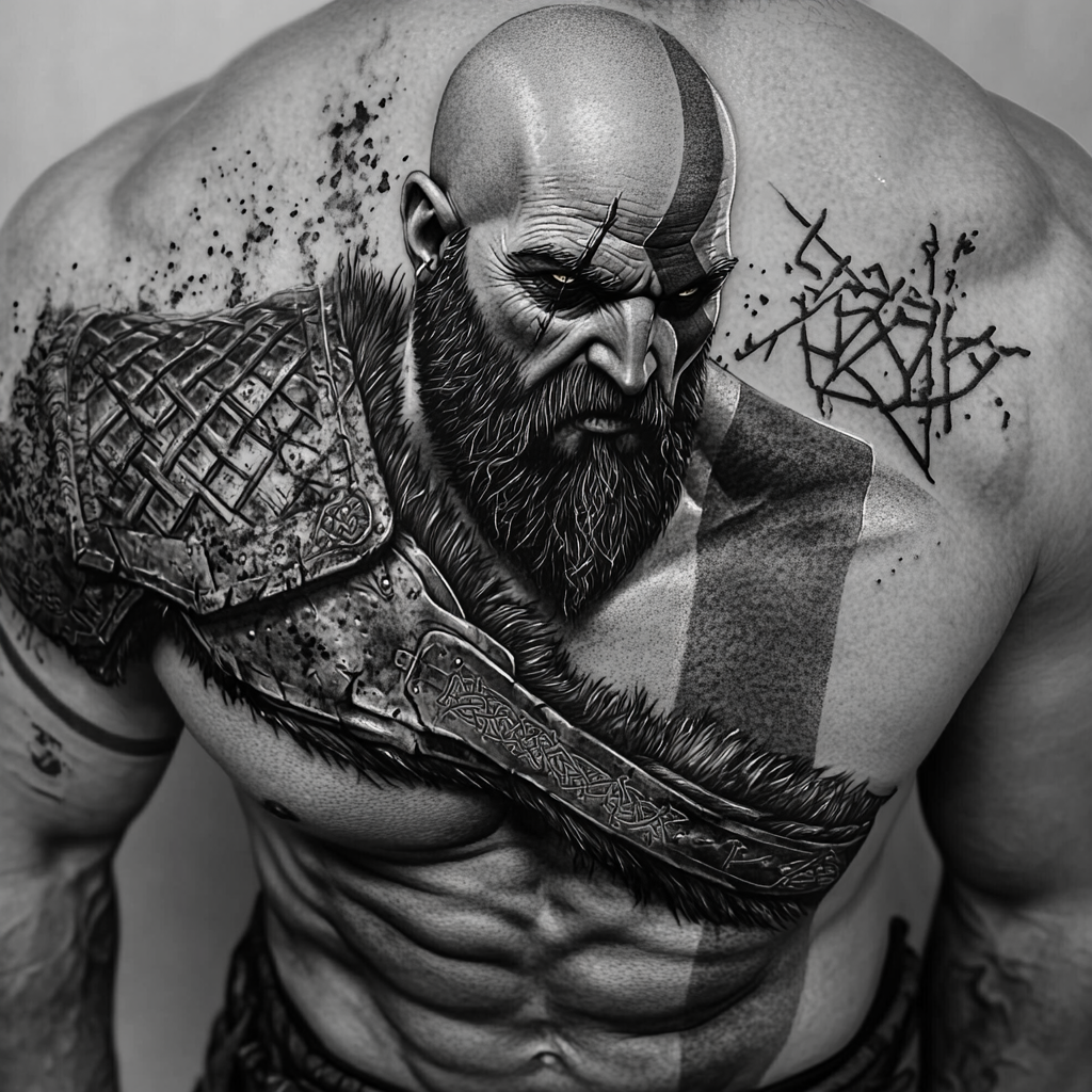 Hyper-realistic Kratos tattoo design, Norse mythology elements included.