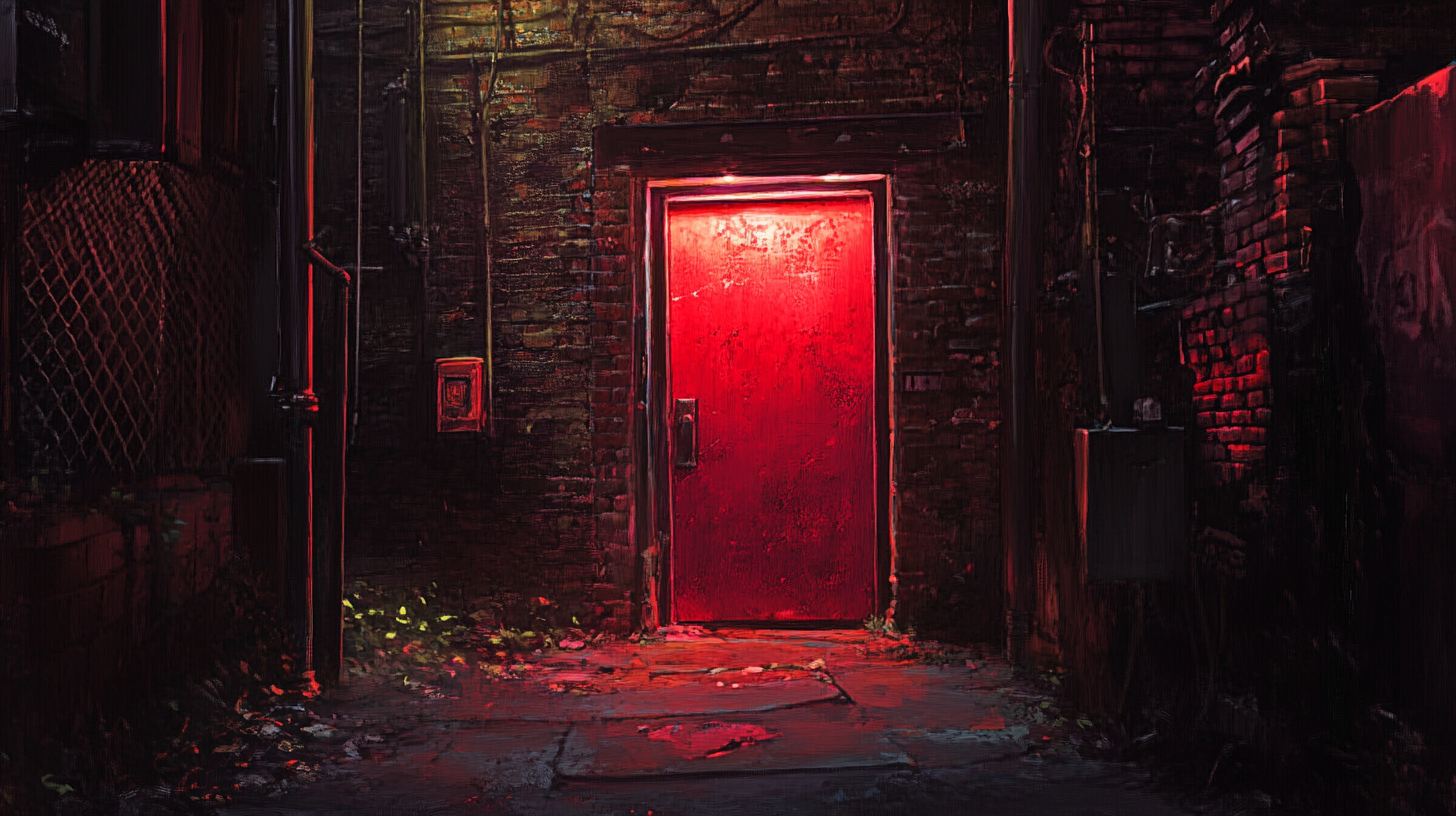 Hyper realistic New York alleyway with glowing red door