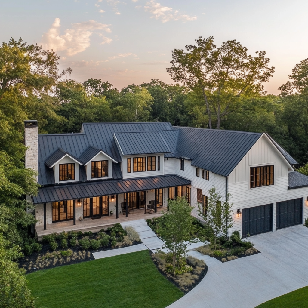 Hyper realistic aerial view of modern farmhouse with landscaping