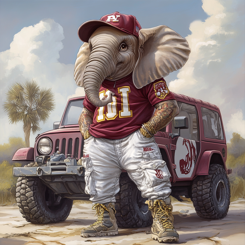 Hyper realistic caricature illustration of Alabama elephant in attire.