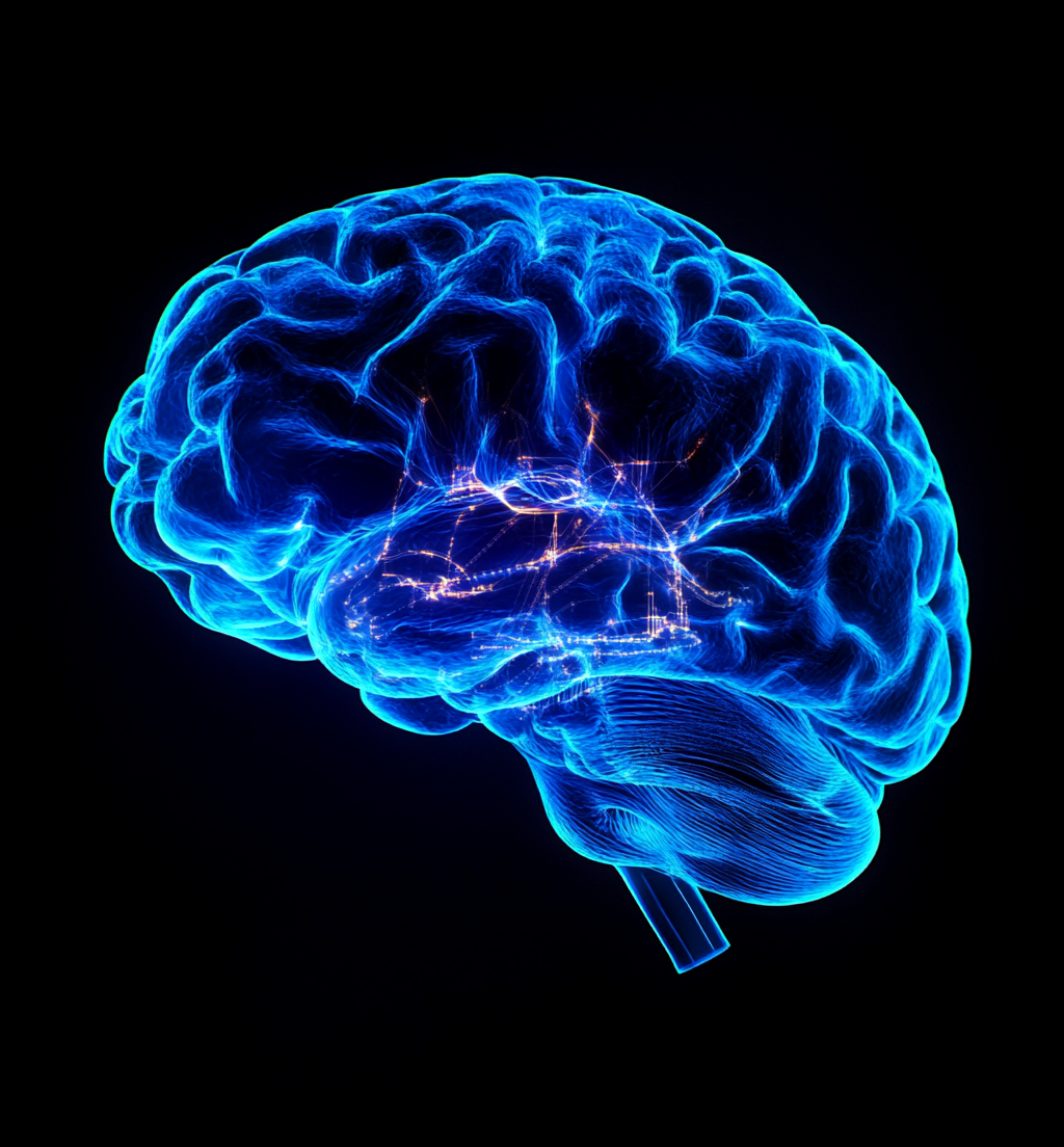 Hyper-realistic glowing blue electronic brain on black background