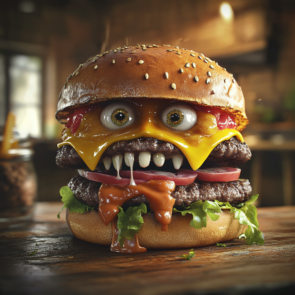 Hyper-realistic hamburger with human face in casual environment.