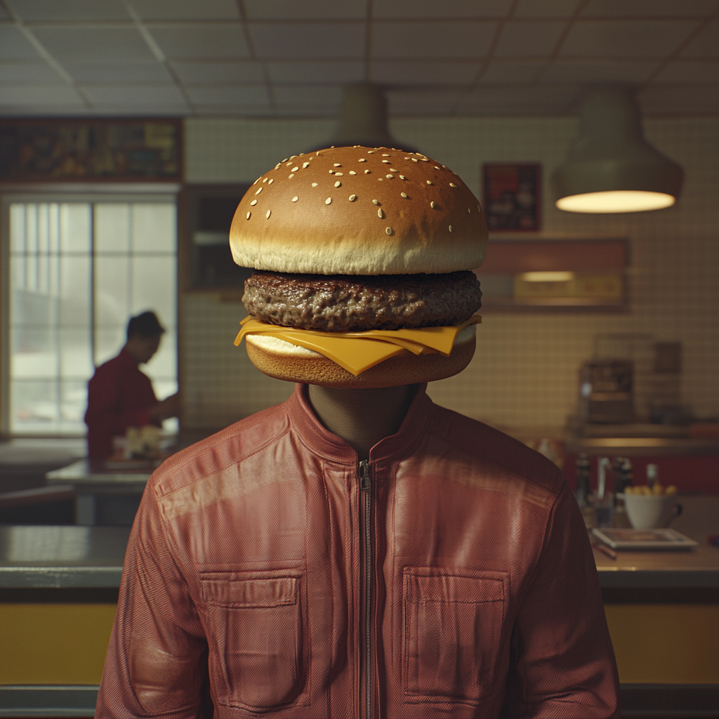 Hyper-realistic human body with hamburger head. Surreal scene.