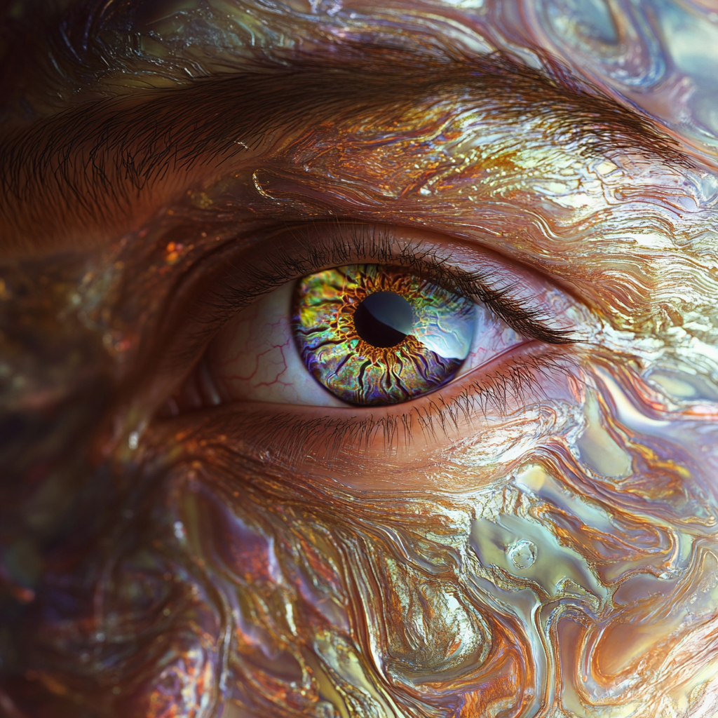 Hyper-realistic human face with metallic swirling patterns.