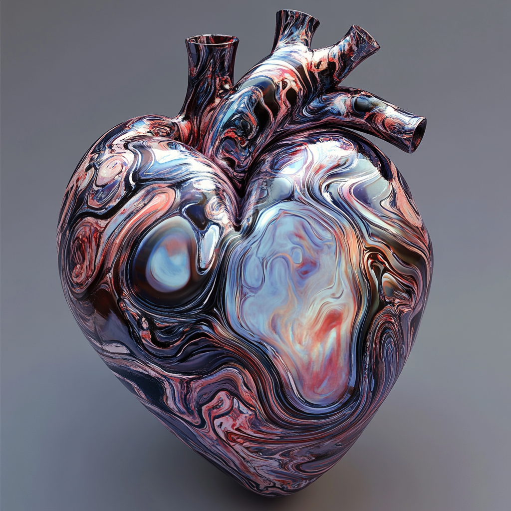 Hyper-realistic human heart with metallic swirling patterns