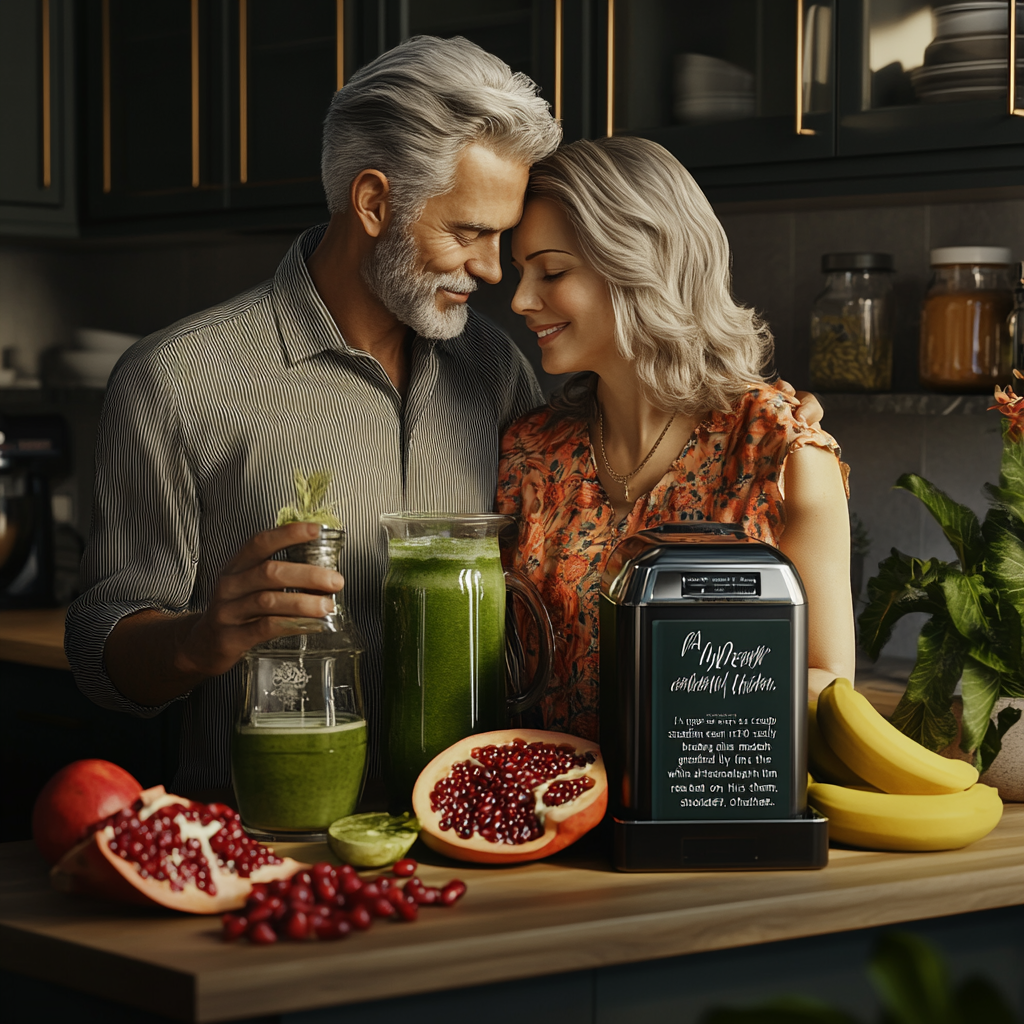 Hyper-realistic image of couple in modern kitchen, intimate.