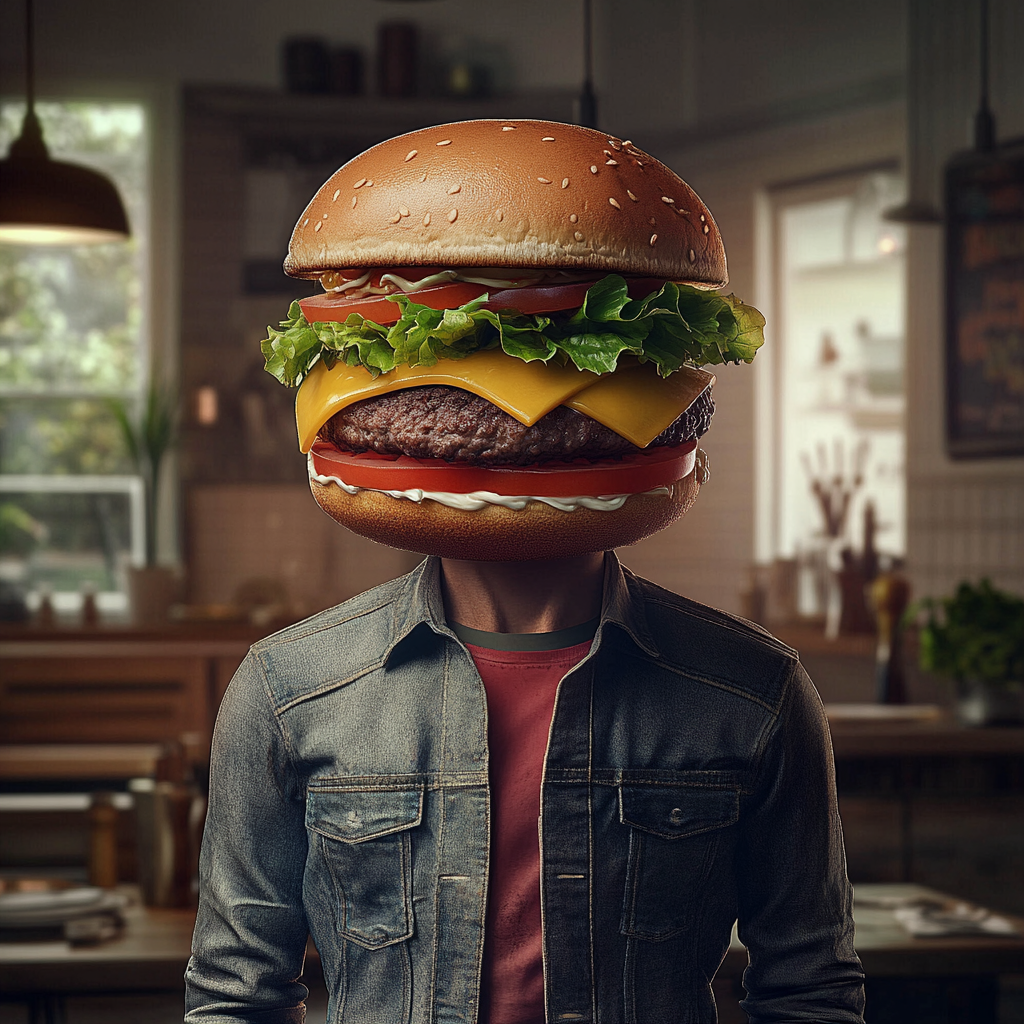 Hyper-realistic image of human body with burger head.