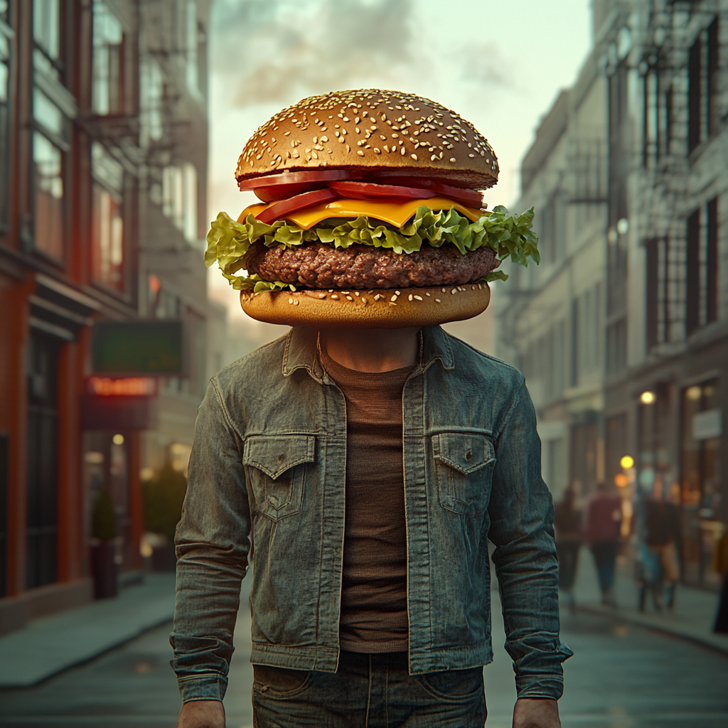 Hyper-realistic image of human body with hamburger face.