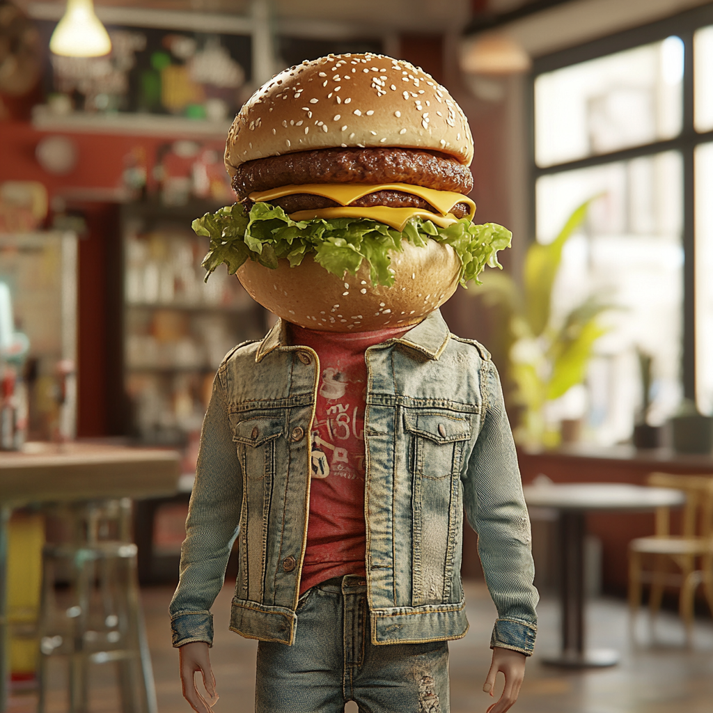 Hyper-realistic image of human body with hamburger head.