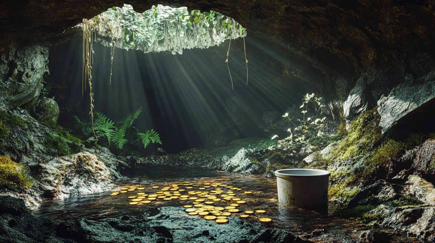 Hyper realistic image of old underground lake with gold.