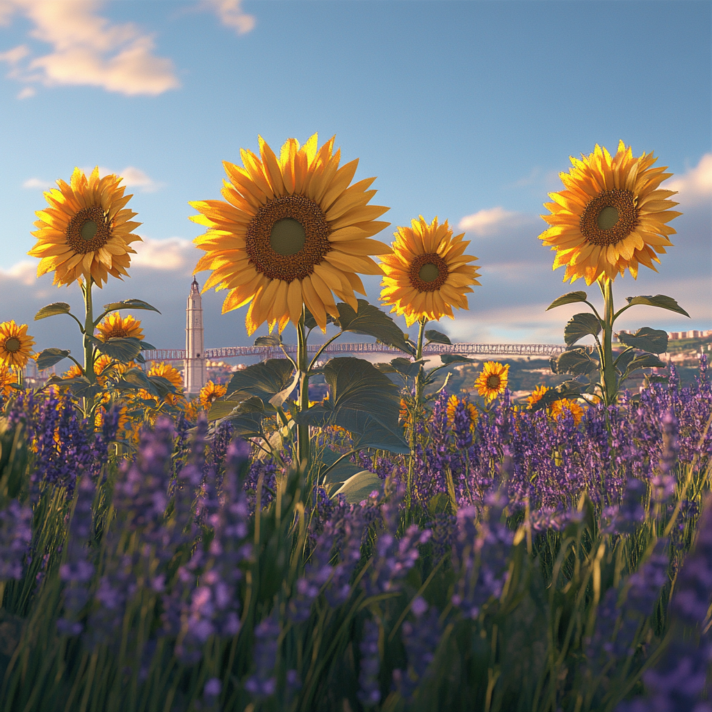 Hyper-realistic image of sunflowers with Lisbon landmarks.