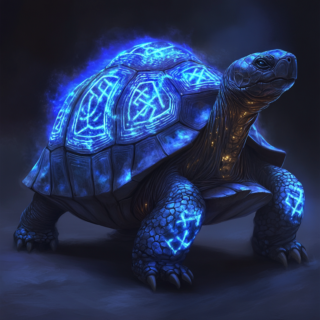 Hyper-realistic mystical tortoise with glowing ancient symbols shell