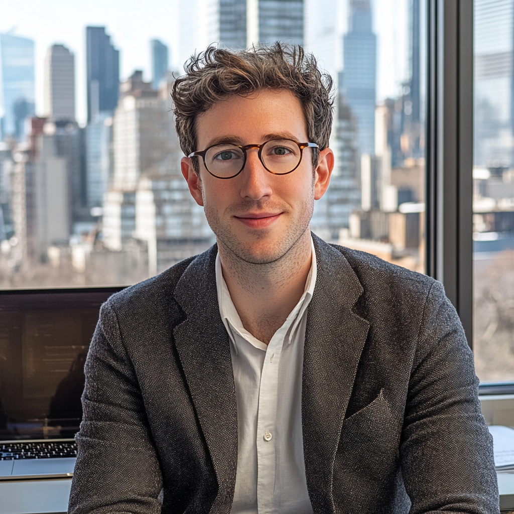 Hyper-realistic photo of 33-year-old British finance writer in NYC office.