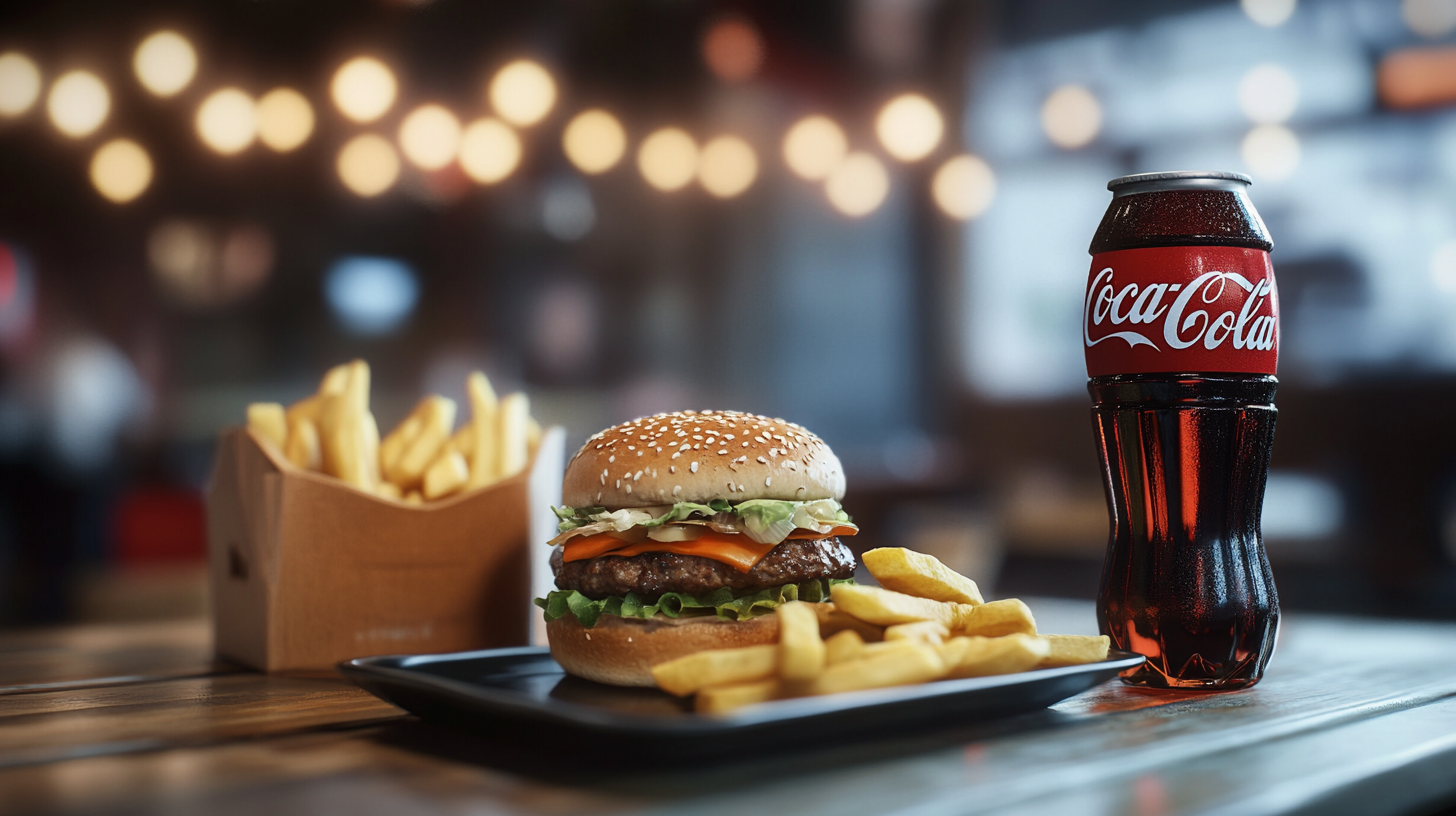 Hyper realistic photo of Coca Cola sponsored food menu.