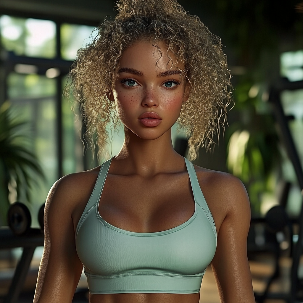 Hyper-realistic photo of curly blonde influencer at gym.