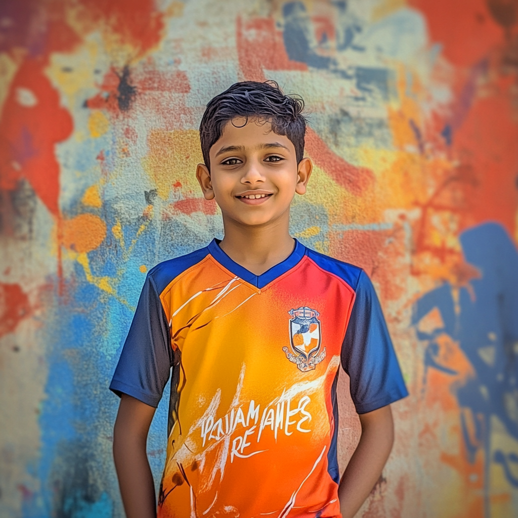 Hyper realistic photo: South Indian boy in kabaddi jersey