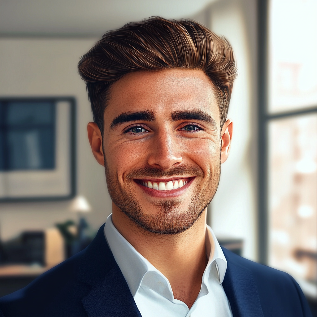 Hyper-realistic portrait of handsome finance blogger Adam Jackson.