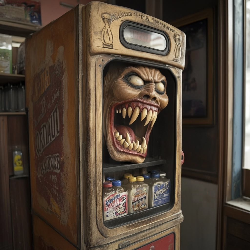 Hyper realistic vending machine with wooden puppet vampire.