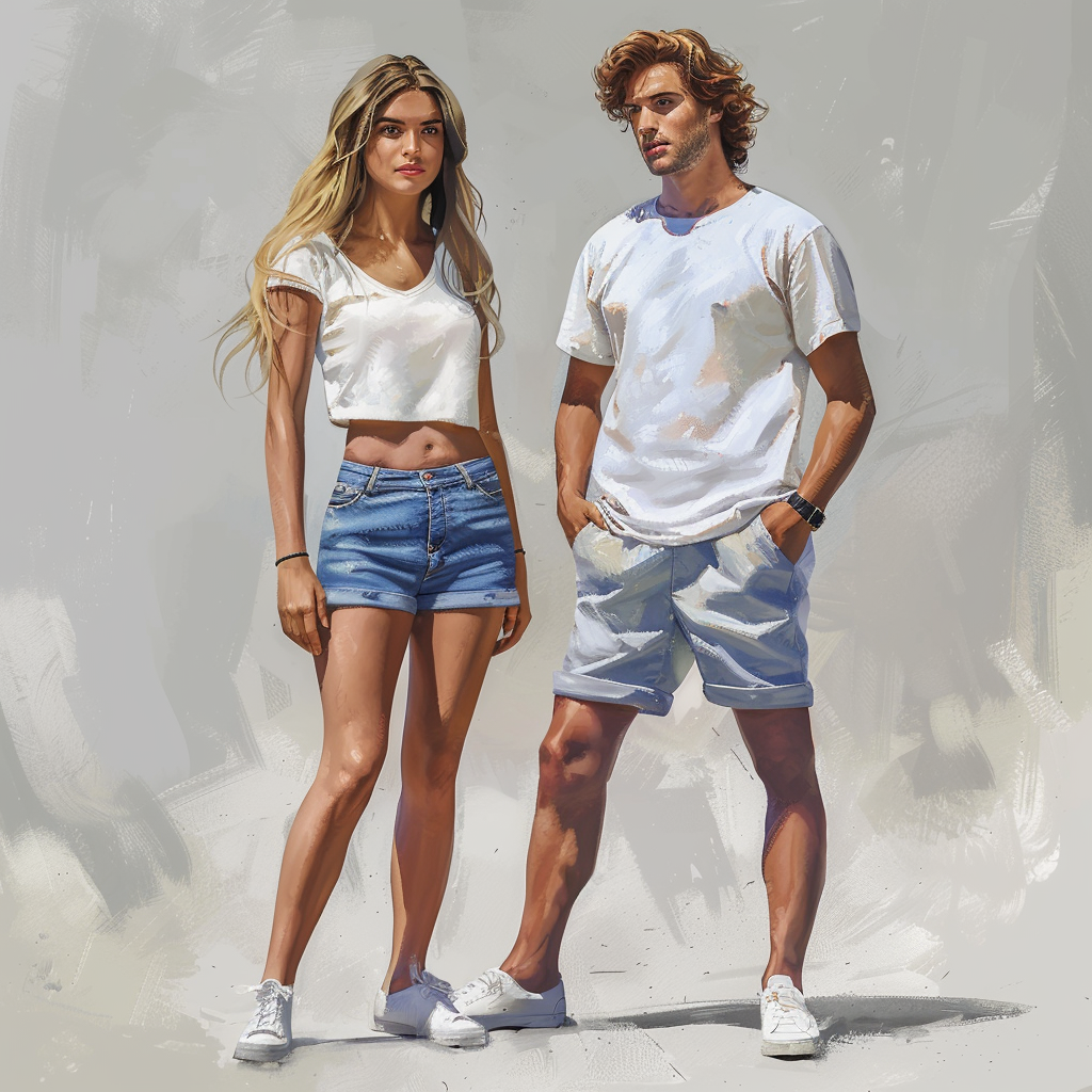 Hyperrealistic Female and Male Hosts with Blonde and Brown Hair, T-shirts, Shorts, and Shoes - Stock Photo.