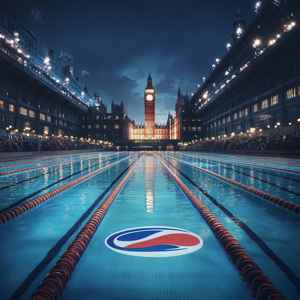 Hyperrealistic Olympic Swimming Pool with Speedo Logo, Big Ben, London. Fujifilm Style, AR 1:1