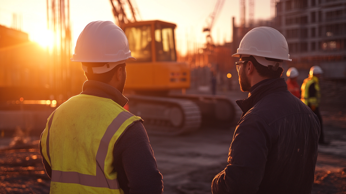 Hyperrealistic photo of diverse construction workers near machinery.