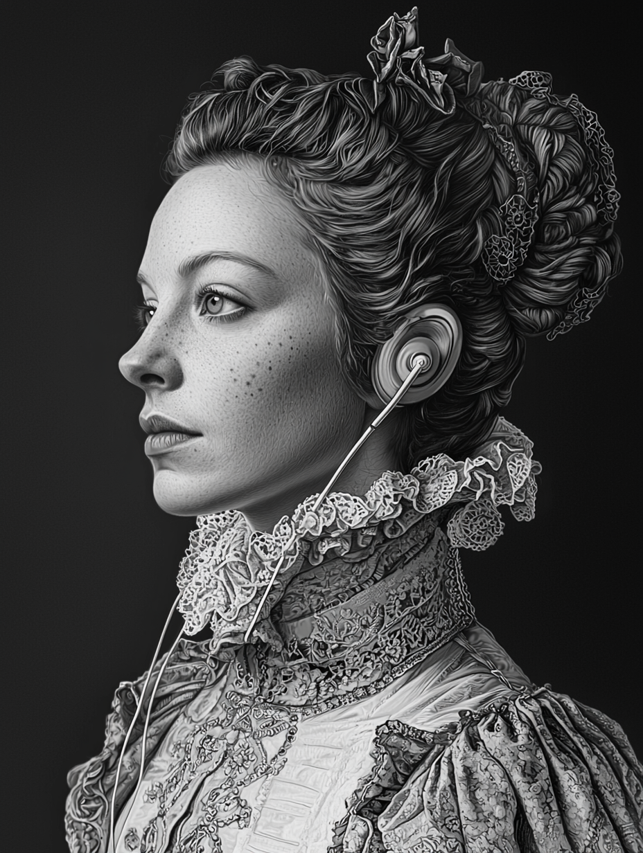 Hyperrealistic portrait of young queen in 1800s with headphones