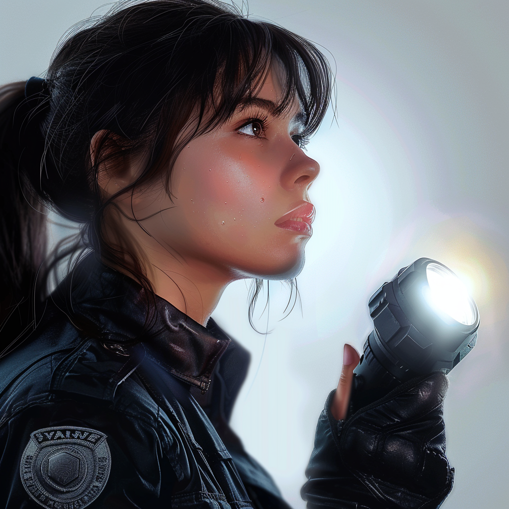 Hyperrealistic profile of female policewoman with flashlight