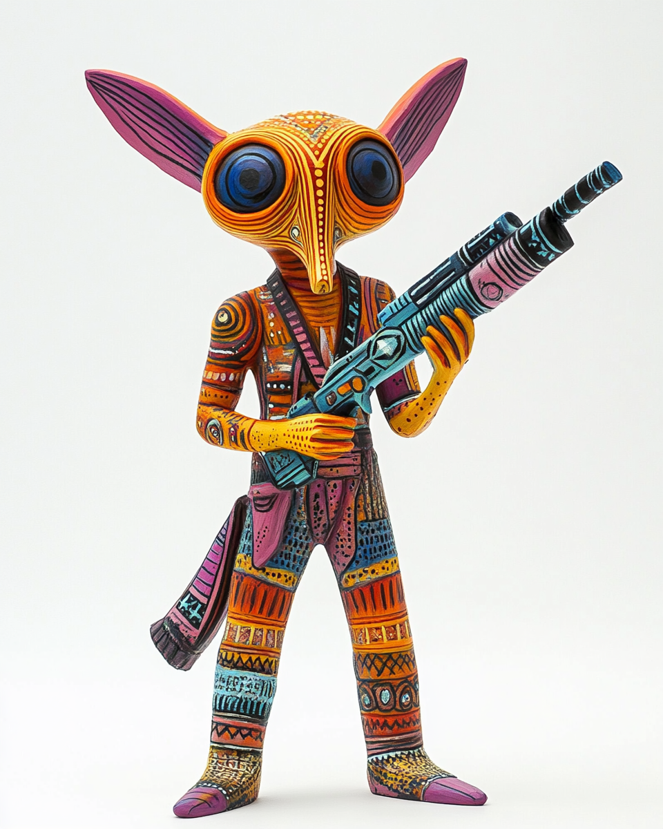 IG-11 bounty hunter transformed into colorful alebrije sculpture.